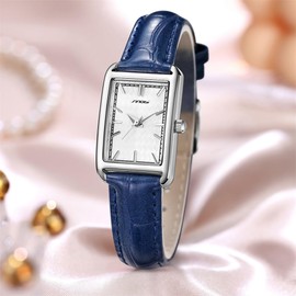 SINOBI Minimalist Causal Square Watch for Women Leather Strap Watch (Silver-Blue)