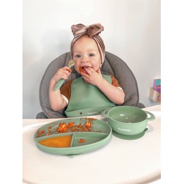 Silicone Baby Feeding Set – Led Weaning Supplies with Suction Plate, Waterproof Bowl with Lid, Bib & Spoon – Baby Feeding Essentials for 6-12 Months, Plates and Utensils Set (Sage)