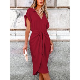 CUPSHE Midi Dress for Women V Neck Short Sleeves Knotted Pockets Tunic Waist Casual Dress Red, L