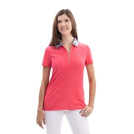 Nautica Jeans Women's Contrast-Collar Polo Short-Sleeve Top (Rouge, Large)