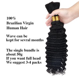 ZHAOXI WIG 1B Black Human Braiding Hair for Boho Deep Wave Human Hair for Braiding 2 Bundles/Pack No Weft Curly Human Hair Extensions for Braids (16 inch,100g)