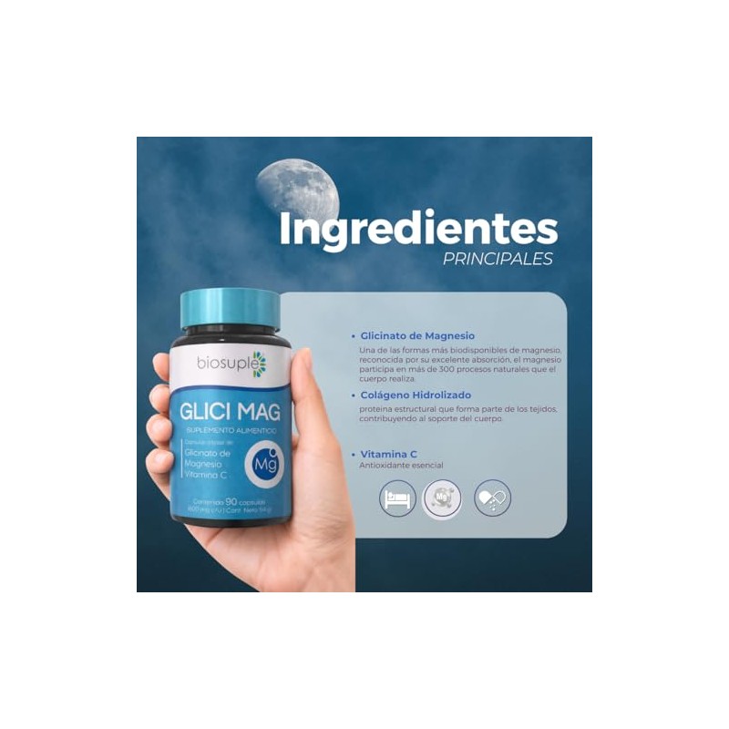 Biosuple Glicinato Magnesio Colágeno Hidrolizado Vitamina Suplemento Alimenticio Diario Cápsulas