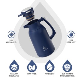 IDEUS Thermal Coffee Carafe 68oz (2,000ml), Stainless Steel Double Wall Insulated Vacuum Flask, Water Jug Coffee Server and Beverage Dispenser, Heat and Cold Retention (Navy Blue, 68oz (2,000ml))