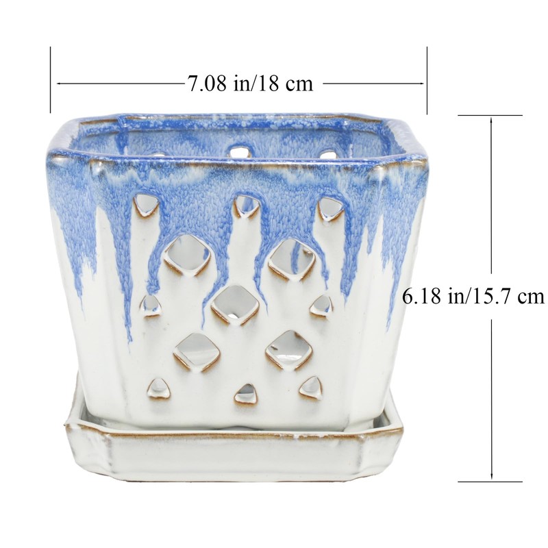 W&W Ceramic Orchid Pot with Drainage Holes and Saucer for