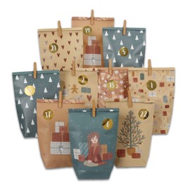 Papierdrachen Advent Calendar to Fill at Home - 24 Brown and Petrol Printed Gift Bags and 24 Number Stickers and Clips - Petrol Motif - for Crafts and Gifts - Christmas