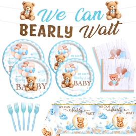 Hombae We Can Bearly Wait Baby Shower Decorations, Teddy Bear Baby Shower Party Supplies for Boy, Blue Bear Themed Banner, Tablecloth, Disposable Tableware Paper Plates Napkins Forks