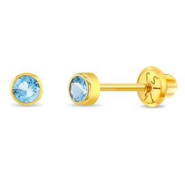 In Season Jewelry 14k Yellow Gold 3mm Round Aquamarine Birthstone Stud Earrings for Baby Girls - Safety Screw Backs for Sensitive Earlobes
