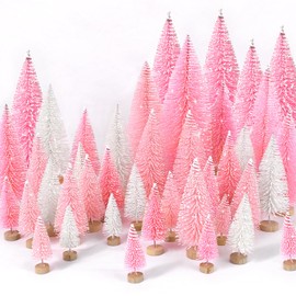 30Pcs Mini Christmas Trees Artificial Christmas Tree Bottle Brush Trees with Wooden Base for Christmas Decor Christmas Party Home Table Craft Decorations(Pink+White)