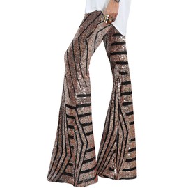 EVALESS Women Sequin Wide Leg Flare Pants High Rise Sparkly 70s Disco Party Trousers Bell Bottom Brown M 8 10