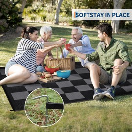 GarveeLife Waterproof Outdoor Rug 9x12 Modern Checkered Reversible Outdoor Mat Lightweight Plastic Straw Rug UV Resistant Foldable Portable Carpet for Camping, Picnic, Beach, Balcony, Black & Gray