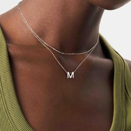 IEFWELL Silver Jewelry for Women - Silver Necklace for Women, Layered Necklace for Women Girls Silver Initial M Necklace for Women Silver Choker Necklaces for Women Jewelry Teen Girls Gifts for Women