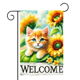 BlissYard Spring Garden Flag 12x18 Inches Double Sided Cute Cat Welcome Yard Flags Sunflower Summer Seasonal Flower for Outside Decor Home Farmhouse Holiday Decorations