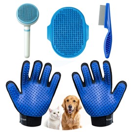NVNAN 4Piece Dog Grooming Brush Set with Grooming Gloves, Deshedding Comb & Massage Bath Brush - Multifunctional Pet Hair Removal Tools for Shedding, Bathing, Brushing (Blue)
