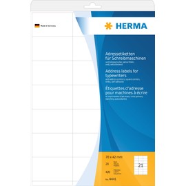 HERMA 4441 Adressetiketten für Schreibmaschinen, 20 Blatt, 70 x 42 mm, 21 pro A4 Bogen, 420 Stück, selbstklebend, bedruckbar, matt, blanko Papier Klebeetiketten Adressaufkleber Etiketten, weiß