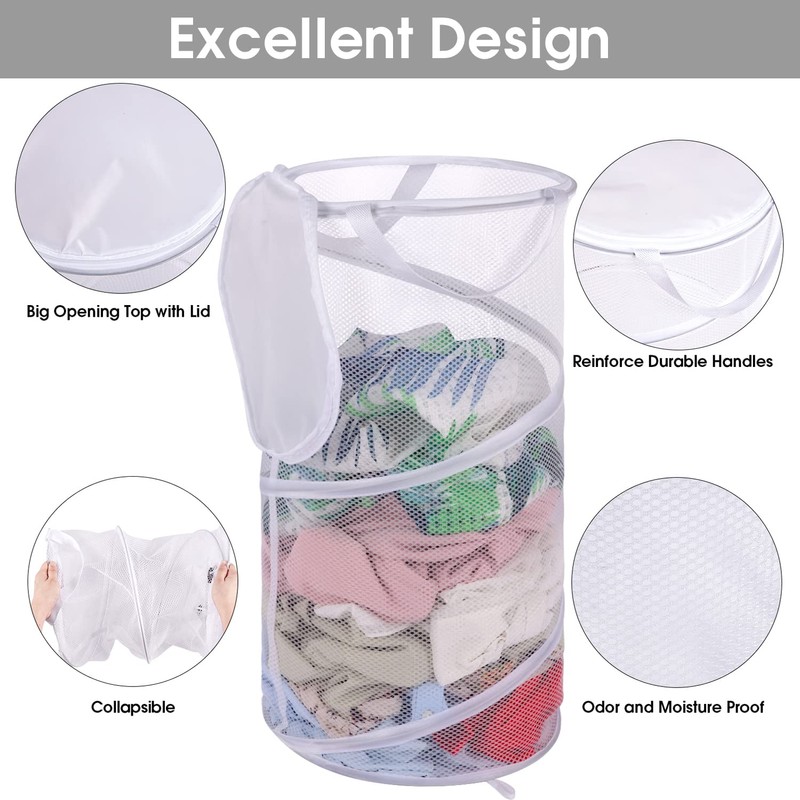 BATTOO Large Collapsible Laundry Basket with Lid Foldable Mesh Pop