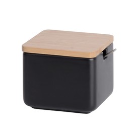 KOOK TIME Ceramic Sugar Bowl with Bamboo Spoon and Lid - Sugar Spoon for Home and Kitchen, Modern Ball Shape for Sugar, Cheese, Spices, 11 x 10 x 9 cm, Black