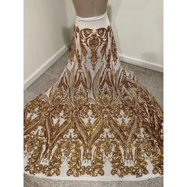 wowfabric4less123 Gold White  4way stretch sequins Embroidery Mesh Lace fabric 50” Width 1 Yard