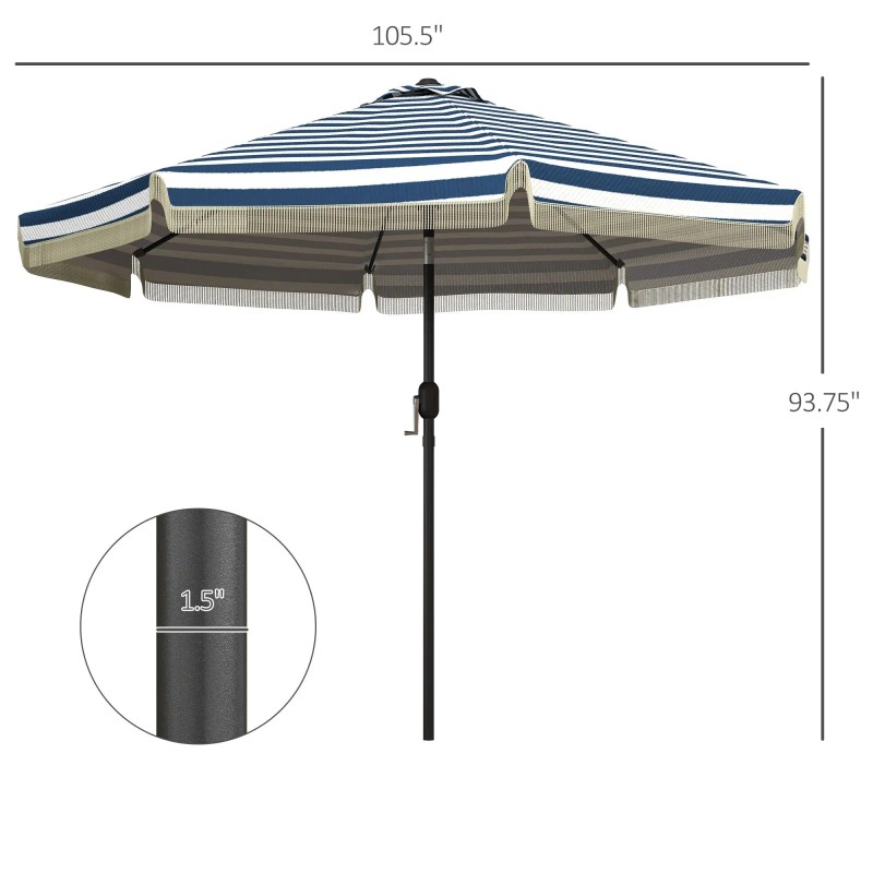 9ft Blue Stripe Garden Umbrella with Tilt Crank and Ruffled