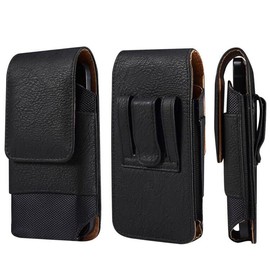 Cell Phone Waist Pack Leather Black, Mobile Phone Belt Clip Bag for Men, 6.5" Universal Waterproof Leather Smartphone Belt Loop Holster with Card Holder Carabiner Hook Wallet Pocket for Outdoor Sports
