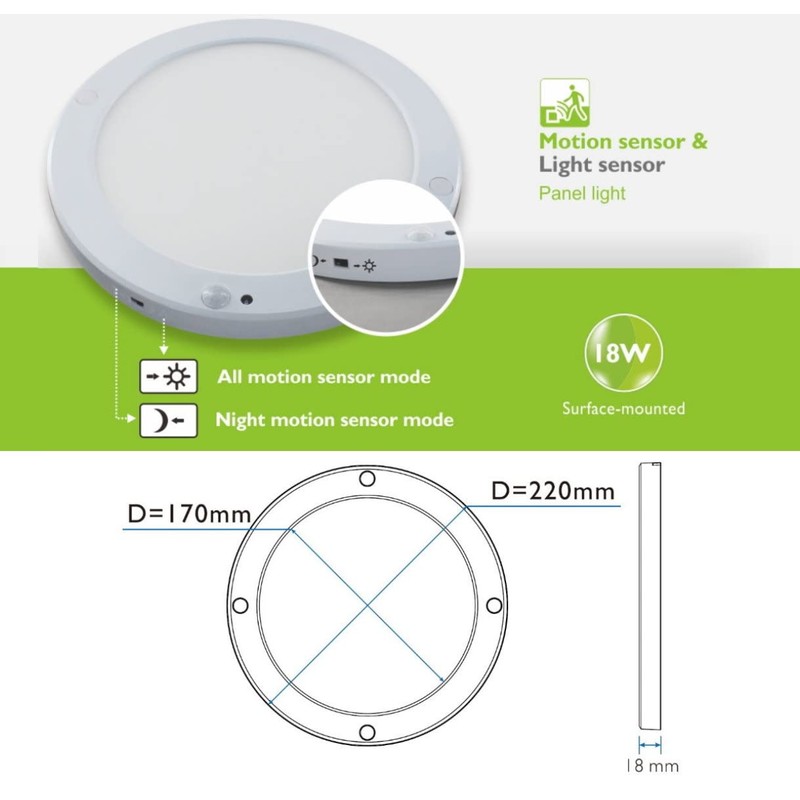 LED Sensor Panel Ceiling Light, 18W, warmwhite 3000K