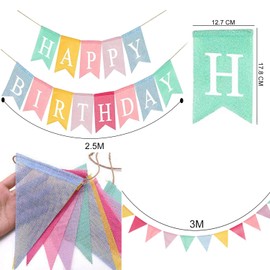 2 PCS Happy Birthday Bunting Banner Fabric Reusable Colorful Bunting for Party Classroom Decor Indoor Outdoor Use for Home Garden Birthday Party Decorations with Adjustable Flags Celebrations (Linen)