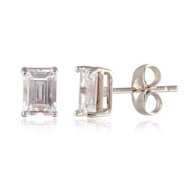 [RIZILIA CLASSIC] Stud Pierced Earrings with Emerald Cut Gemstones CZ [White Topaz] in 18K White Gold Plated, Simple Modern Elegant