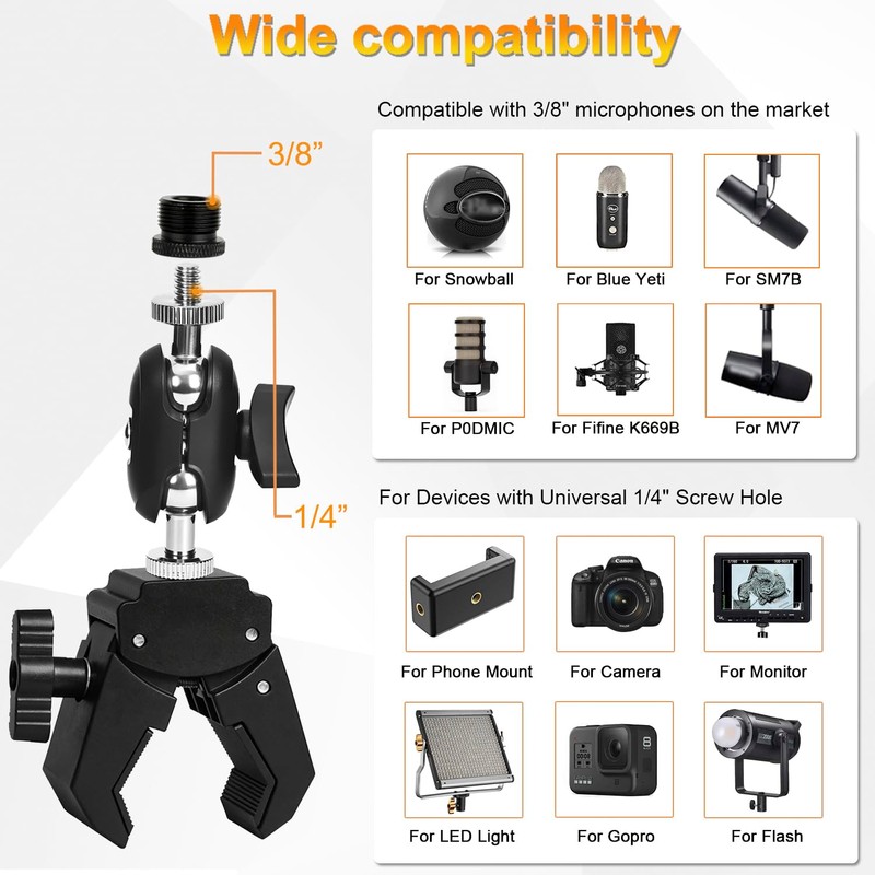 Mic Crab Clamp Microphone Mount, Desk Pipe Pole Clamp Mic