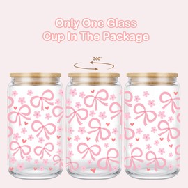 Coquette Bow Aesthetic Cup, Flower Aesthetic Gifts, 16oz Pink Bow Glass Cup with Lids and Straws, Pink Cute Glass Cups, Vintage Bows Inspired Aesthetic Cup for Women Birthday Gift
