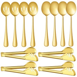 PercyEffie 12PCS Gold Stainless Steel Serving Utensils, Large Serving Spoons,Slotted Spoons Servings Tongs Appetizer Tongs for Buffet Catering Banquet Party (Gold)