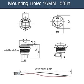 16mm Super Short Metal Momentary Push Button Switch Waterproof Anti-Vandal Flat Head Silver Shell 5/8" Mounting Hole with Pre-soldered Cable 12V 24V 110V (ON)-Off 2Pins 1NO