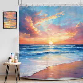 SVBright Beach Shower Curtain 60Wx72L Inch Summer Beachy Ocean Coastal Seaside Sunset Scenery Hawaii Landscape Wave Seascape Neutral 12 Pack Hooks Polyester Waterproof Fabric Bathroom Bathtub Panels