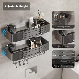 Voldra Adhesive Shower Caddy, 2 Pack Shower Shelves for Inside Shower No Drilling, Aluminum Stick On Showers Organizer with Towel Bar & Hooks Removable Bathroom Shelf Storage Rack(Gray)