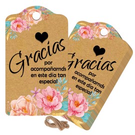 Kraft Gracias Wedding Favor Gift Thank You Tags with Hanging Strings 2 x 3.5 Inch - Bouquet Gracias Spanish Wedding Favor Gift Tags for Wedding Invitation Bridal Shower Thanksgiving Day Labels 50 Pack
