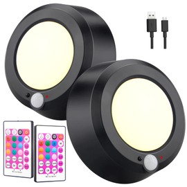 BIGMONAT Wireless Ceiling Light USB Rechargeable, Motion Sensor Shower Light with Remote, RGB Bathroom Light, Dimmable LED Battry Light for Closet Hallway Cabinet Bedroom Dorm, 220LM, 5.7'', Black