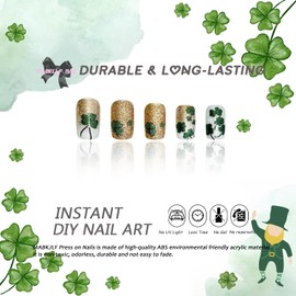 St. Patrick's Day Press on Nails Medium Square MABKJLF Gradient Fake Nails False Nails with Designs Shamrock Glitter Full Cover Glossy Glue on Nails Acrylic Nails for Women Girls 24 Pcs