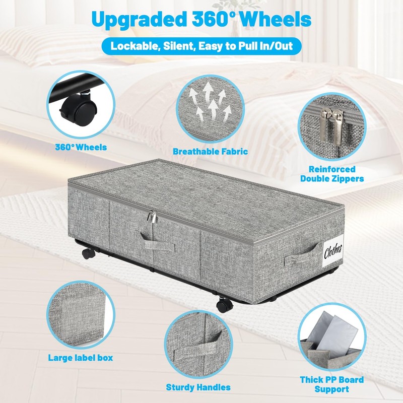 Large Sturdy Under Bed Storage with Wheels, 2 Pack 50L