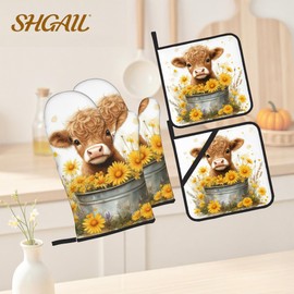 Highland Cow Flower Oven Mitts with Matching Potholders - Heat Resistant Kitchen Accessories for Baking, Grilling, Cooking, Gifts for Women