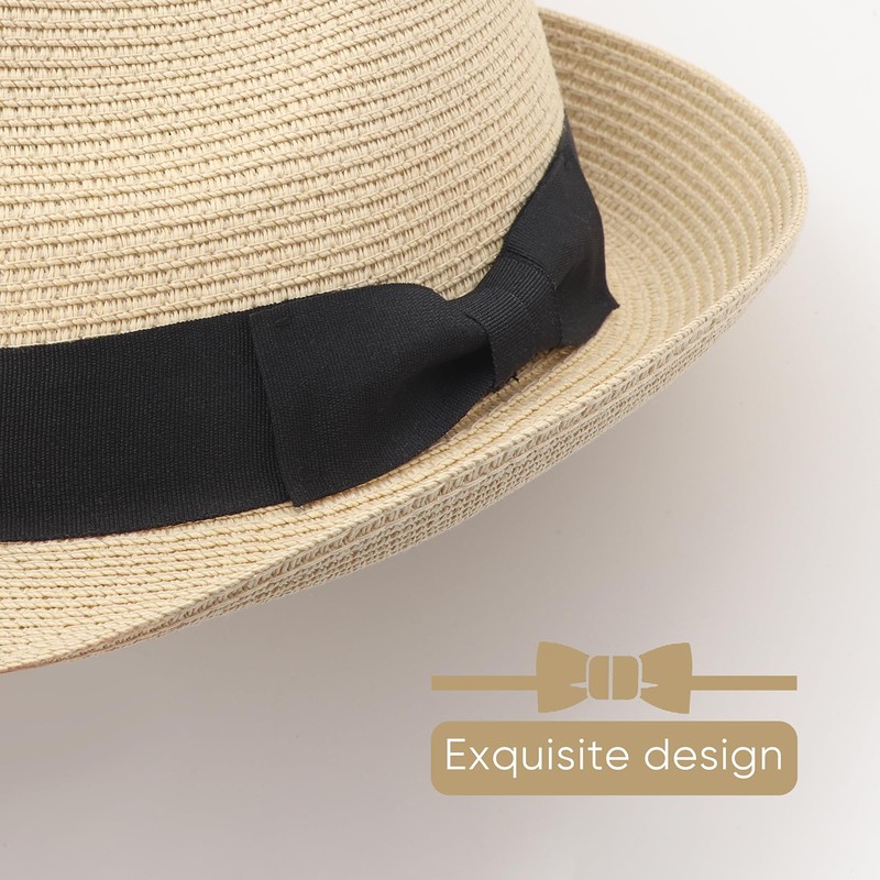 DRESHOW Women Straw Sun Hat Short Brim Panama Travel Fedora