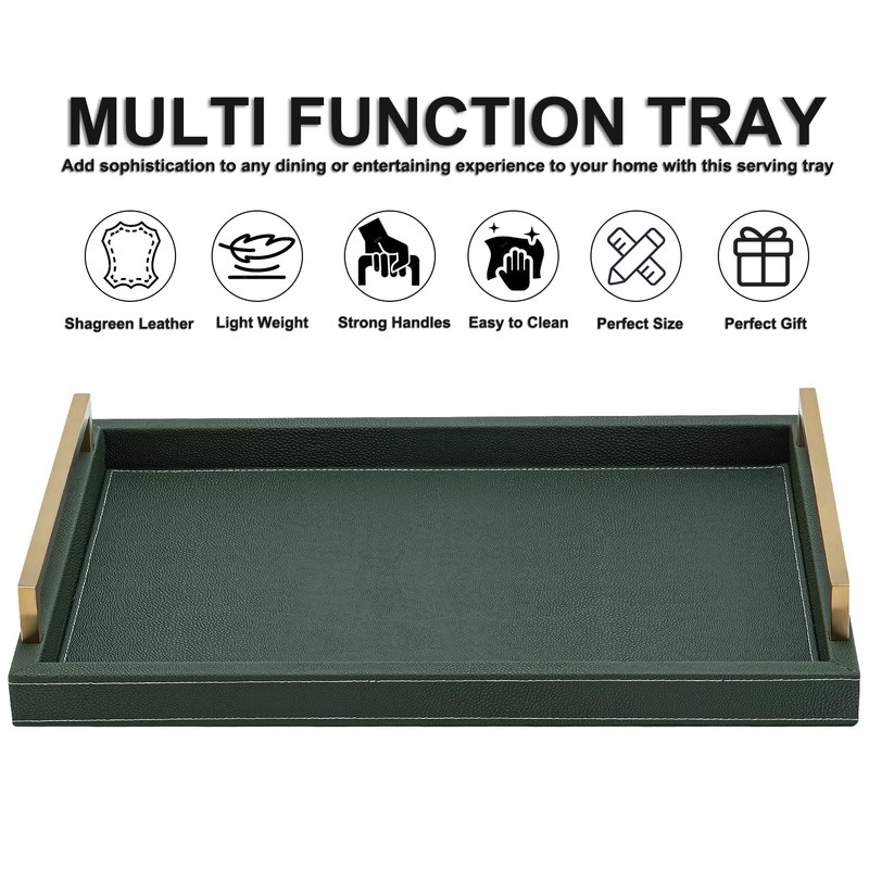 XIGEXIGE Green Decorative Serving Tray,Rectangular Tray for Coffee Table,Faux Leather