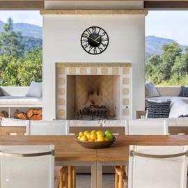 SUKYING 16 Inch Large Outdoor Clock, Silent Battery Operated Modern Wall Clock, Black Metal Decorative Clock for Patio, Porch, Pool Area, Farmhouse, Living Room