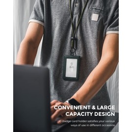 VULKIT ID Badge Holder with Lanyard for Women and Men Vertical Leather Badge Holder with Clear ID Window Card Holder Slot and Money Pocket