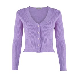 New Ladies Women Long Sleeve V-Neck Knitted Cropped Cardigan Top Sweater with Small Pockets and Buttons [Lilac,