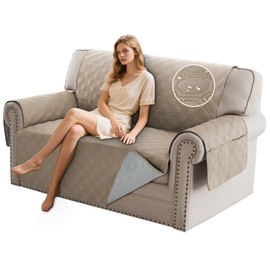 PrinceDeco Loveseat Couch Cover for 2 Cushion Couch Sofa Cover for Dogs Water Proof Slipcover Non-Slip Furniture Protector with Elastic Straps for Pet Cat Children(Loveseat 48",Taupe)