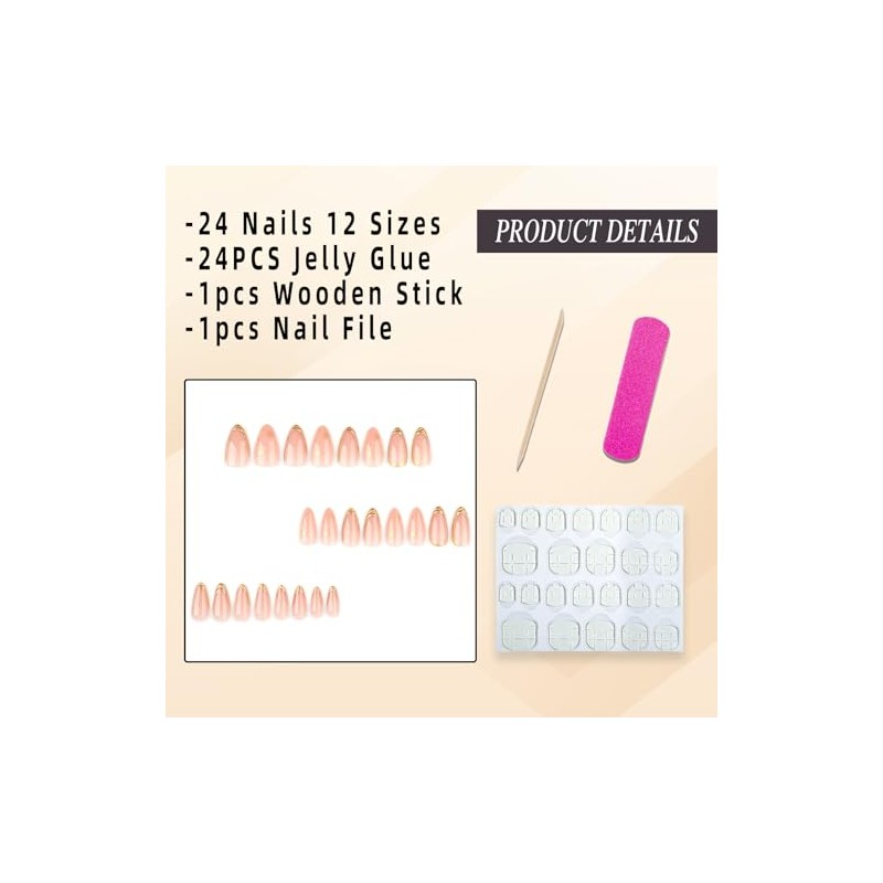 Uñas Postizas Francesas Doradas, Almendradas Medianas, Con Diseños 3D, Brillantes,