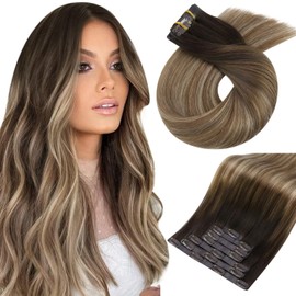 Moresoo Seamless Clip in Hair Extensions Human Hair PU Weft Human Hair Clip in Extensions Seamless Balayage Dark Brown to Dark Ash Blonde with Blonde Seamless Clip Hair Extensions 7pcs/120g 18inch
