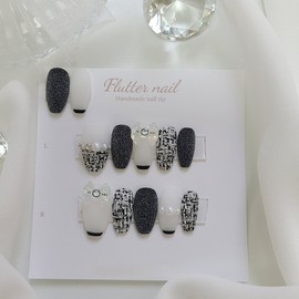 Black tweed ribbon handmade nail tip - Petit round / 블랙 트위드 리본 수제네일팁 - 쁘띠라운드