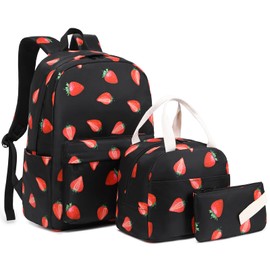 Mimfutu Strawberry School Backpack for Teen Girls, 3-in-1 Kids Backpack Bookbag Set School Bags with Lunch Box Pencil Case