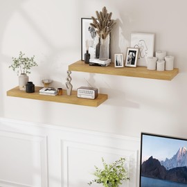 Fun Memories Rustic Wood Floating Shelves for Wall, 36 x 9 Wall Shelves Set of 2, Deep Floating Shelf for Kitchen, Living Room Storage & Display, Rustic Deep Bookshelf, Oak Color