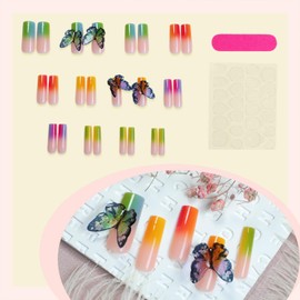 3D Butterfly Press on Nails Long Square Fake Nail Colorful Gradient French Tip False Nails With Butterflies Charms Designs Full Cover Artificial Stick on Nail Acrylic Glue on Nail for Women 24 Pcs