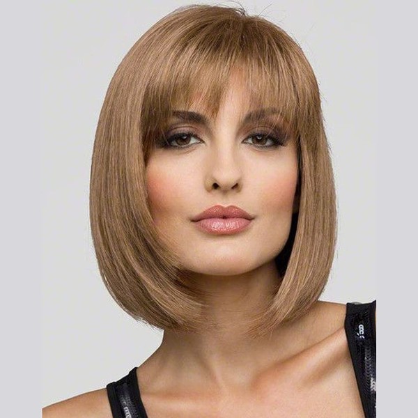 BECUS 12 Inch Natural Black Short Bob Synthetic Wig Straight Full Machine Made Hair with Fringe for Women (Blonde)